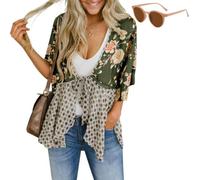 Genérico Womens Tie Front Kimono Cardigans,Cute Flowy Floral Patchwork Boho Tops,Loose Ruffle 3/4 Sleeve Cardigan for Spring Summer