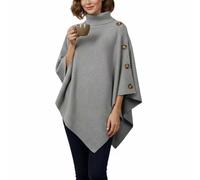 Genérico Women's Turtleneck Poncho Sweater - Cozy Knit Pullover with Button Details, Asymmetrical Hem, Soft Warm Fall Winter Wrap Shawl Cape for Casual Outfits, Travel & Layering(Gray)