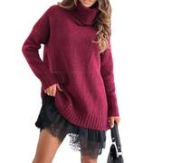 Genérico Women's Turtleneck Sweater Mini Dress Set Solid Color Loose Top with Elegant Lace-Trim Slip Dress 2 Piece Winter Outfit (Red, S)