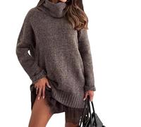 Genérico Women's Turtleneck Sweater Mini Dress Set Solid Color Loose Top with Elegant Lace-Trim Slip Dress 2 Piece Winter Outfit (Brown, S)