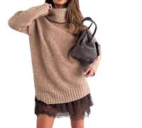 Genérico Women's Turtleneck Sweater Mini Dress Set Solid Color Loose Top with Elegant Lace-Trim Slip Dress 2 Piece Winter Outfit (Khaki, S)