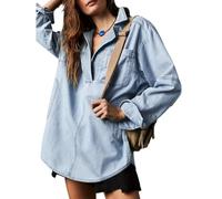 Genérico Women's V-Neck Denim Pullover Hoodie Sweatshirt Casual Loose Stretch Comfortable Buttonless Top with Long Sleeves (Light Blue,M)