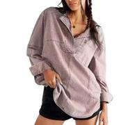 Genérico Women's V-Neck Denim Pullover Hoodie Sweatshirt Casual Loose Stretch Comfortable Buttonless Top with Long Sleeves (Pink,L)