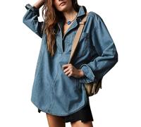 Genérico Women's V-Neck Denim Pullover Hoodie Sweatshirt Casual Loose Stretch Comfortable Buttonless Top with Long Sleeves (Dark Blue,XL)