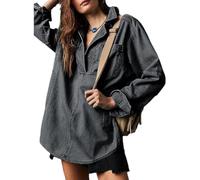 Genérico Women's V-Neck Denim Pullover Hoodie Sweatshirt Casual Loose Stretch Comfortable Buttonless Top with Long Sleeves (Gray,S)