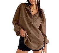 Genérico Women's V-Neck Denim Pullover Hoodie Sweatshirt Casual Loose Stretch Comfortable Buttonless Top with Long Sleeves (Brown,3XL)