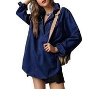 Genérico Women's V-Neck Denim Pullover Hoodie Sweatshirt Casual Loose Stretch Comfortable Buttonless Top with Long Sleeves (Navy,XL)