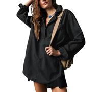 Genérico Women's V-Neck Denim Pullover Hoodie Sweatshirt Casual Loose Stretch Comfortable Buttonless Top with Long Sleeves (Black,XXL)