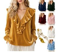 Genérico Women's Velvet Ruffle V-Neck Long Sleeve Blouse,Elegant Soft Loose Fit Shirts,Casual Dressy Fall Pullover Outfits