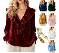 Genérico Women's Velvet Ruffle V-Neck Long Sleeve Blouse,Elegant Soft Loose Fit Shirts,Casual Dressy Fall Pullover Outfits