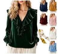 Genérico Women's Velvet Ruffle V-Neck Long Sleeve Blouse,Elegant Soft Loose Fit Shirts,Casual Dressy Fall Pullover Outfits