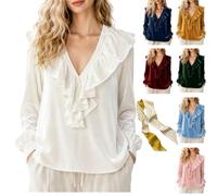 Genérico Women's Velvet Ruffle V-Neck Long Sleeve Blouse,Elegant Soft Loose Fit Shirts,Casual Dressy Fall Pullover Outfits