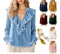 Genérico Women's Velvet Ruffle V-Neck Long Sleeve Blouse,Elegant Soft Loose Fit Shirts,Casual Dressy Fall Pullover Outfits