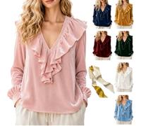 Genérico Women's Velvet Ruffle V-Neck Long Sleeve Blouse,Elegant Soft Loose Fit Shirts,Casual Dressy Fall Pullover Outfits