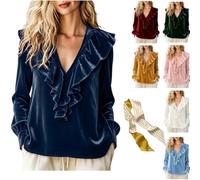 Genérico Women's Velvet Ruffle V-Neck Long Sleeve Blouse,Elegant Soft Loose Fit Shirts,Casual Dressy Fall Pullover Outfits