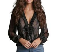 Genérico Womens Vintage Half Zip Ruffle Blouse Elegant Long Sleeve V Neck Printed Floral Regular Fit Top (Black,XL)