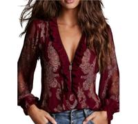 Genérico Womens Vintage Half Zip Ruffle Blouse Elegant Long Sleeve V Neck Printed Floral Regular Fit Top (Red,XXL)