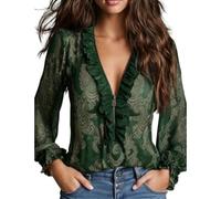 Genérico Womens Vintage Half Zip Ruffle Blouse Elegant Long Sleeve V Neck Printed Floral Regular Fit Top (Green,XL)