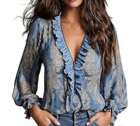 Genérico Womens Vintage Half Zip Ruffle Blouse Elegant Long Sleeve V Neck Printed Floral Regular Fit Top (Blue,XL)