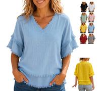 Genérico Womens Vintage Patchwork Shirt Raw Frayed Trim Blouse,V Neck Short Sleeve Raw Edge Hem Boho Tops for Summer Casual Beach