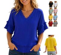 Genérico Womens Vintage Patchwork Shirt Raw Frayed Trim Blouse,V Neck Short Sleeve Raw Edge Hem Boho Tops for Summer Casual Beach