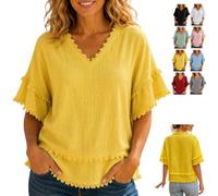 Genérico Womens Vintage Patchwork Shirt Raw Frayed Trim Blouse,V Neck Short Sleeve Raw Edge Hem Boho Tops for Summer Casual Beach