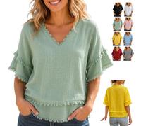 Genérico Womens Vintage Patchwork Shirt Raw Frayed Trim Blouse,V Neck Short Sleeve Raw Edge Hem Boho Tops for Summer Casual Beach