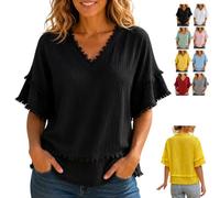 Genérico Womens Vintage Patchwork Shirt Raw Frayed Trim Blouse,V Neck Short Sleeve Raw Edge Hem Boho Tops for Summer Casual Beach