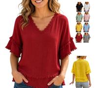 Genérico Womens Vintage Patchwork Shirt Raw Frayed Trim Blouse,V Neck Short Sleeve Raw Edge Hem Boho Tops for Summer Casual Beach
