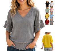 Genérico Womens Vintage Patchwork Shirt Raw Frayed Trim Blouse,V Neck Short Sleeve Raw Edge Hem Boho Tops for Summer Casual Beach
