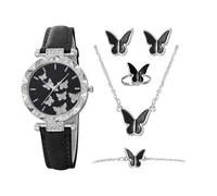 Genérico Women's Watch & Jewelry Set 5 Pcs | Imitation Leather Strap, 2in | Butterfly Number Quartz Wristwatch with Bracelet, Ring, Earrings, Necklace | Gift Set
