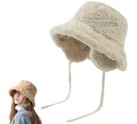 Genérico Women's Winter Cute Bucket Hats with Ear Flaps & Drawstring,Fuzzy Faux Fur Fisherman Hat,Removable Ear Protection Plush Cap (Beige)