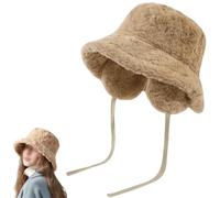 Genérico Women's Winter Cute Bucket Hats with Ear Flaps & Drawstring,Fuzzy Faux Fur Fisherman Hat,Removable Ear Protection Plush Cap (Khaki)