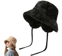 Genérico Women's Winter Cute Bucket Hats with Ear Flaps & Drawstring,Fuzzy Faux Fur Fisherman Hat,Removable Ear Protection Plush Cap (Black)