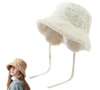 Genérico Women's Winter Cute Bucket Hats with Ear Flaps & Drawstring,Fuzzy Faux Fur Fisherman Hat,Removable Ear Protection Plush Cap (White)