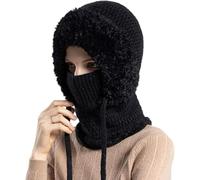 Genérico Women's Winter Thicken Warm Knitted Hat,3 in 1 Windproof Hat Face Mask Hooded Scarf,Cold Resistant Soft Plush Hats (FR/ES, Letras, Talla única, Black)