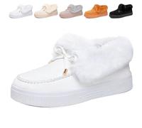Genérico Womens Winter Warm Bow Suede Platform Snow Boots, Fur Lined Ankle Loafers Slip on Fuzzy Lightweight Casual Flat Boots (White Low Top,37)