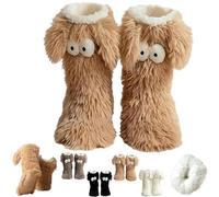 Genérico Women's Winter Warm Fuzzy Non-Slip Slipper Sock with Cute Big Eyes, Thick Fleece Home Cozy Socks (Coffee)