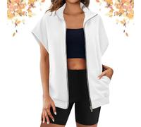 Genérico Women's Zip Up Sweatshirts Short Sleeve Lapel Jackets, Casual Loose Solid Sweatshirt Jacket with Pockets (White,L)