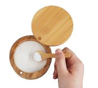 Genérico Wood Salt Cellar Bowl Box, Condiment Storage Jar, 3.54x3.54x2.36 Inches, Magnetic Lid and Spoon, Rustic Sugar Container, Spices Keeper for Kitchen, Restaurant, Household Use