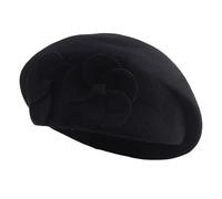 Generico Wool Beret Hat Soft Keep Warm Solid Color French Beret with Flowers Decor Festoni 1 Año, Negro , Talla única
