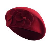 Generico Wool Beret Hat Soft Keep Warm Solid Color French Beret with Flowers Decor Festoni 1 Año, rojo, Talla única