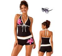 Genérico Y2k Cute Polka Dot Tankini Swimsuit for Women, 2 Piece Vintage 2000s Retro Summer Beach Bikini Set with Shorts (Brown Flower,M)