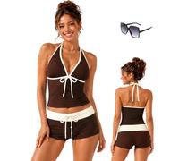 Genérico Y2k Cute Polka Dot Tankini Swimsuit for Women, 2 Piece Vintage 2000s Retro Summer Beach Bikini Set with Shorts (Coffee,S)