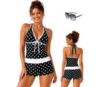 Genérico Y2k Cute Polka Dot Tankini Swimsuit for Women, 2 Piece Vintage 2000s Retro Summer Beach Bikini Set with Shorts (Black,XL)