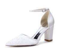 Generico Zapatos De Boda De Satén para Mujer con Tiras Y Tacón Alto Punta Puntiaguda Zapatos De Veatir De Fiestas De Graduación Tacón Grueso Tipo Bloque Zapatos De Novia con Perla,Blanca,40 EU