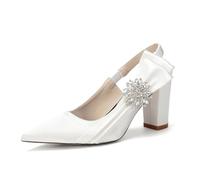 Genérico Zapatos de Boda Mujer Satinados Tacón Ancho 8,5 cm Slingback Punta Fina con Broche de Cristal y Lazo Elegante Bridal Heels,Ivory White,43 EU