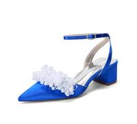 Genérico Zapatos De Mujer De Satén con Tacón Cuadrado 4,5Cm Punta Fina Y Detalle De Racimo De Perlas, Zapatos Cómodos con Hebilla Tobillera para Boda, Oficina,Royal Blue,37 EU
