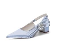 Genérico Zapatos de Novia en Satén con Tacón Bloque, Tacos Slingback de Punta Fina, Zapatos de Noche Slip-On con Lazo de Pedrería,Plata,41 EU