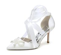 Genérico Zapatos de tacón de Aguja con Punta Puntiaguda y Tiras Elegantes para Mujer, de satén,Lazo para Fiesta de graduación o Noche,Marfil,38 EU